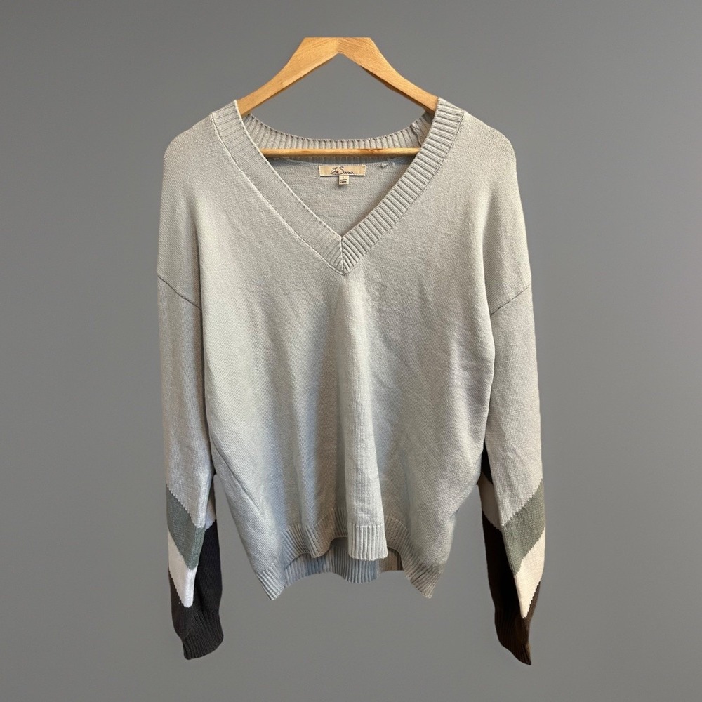 Les Serein V-Neck Sweater Womens Large Light Blue Colorblock Sleeve Pullover